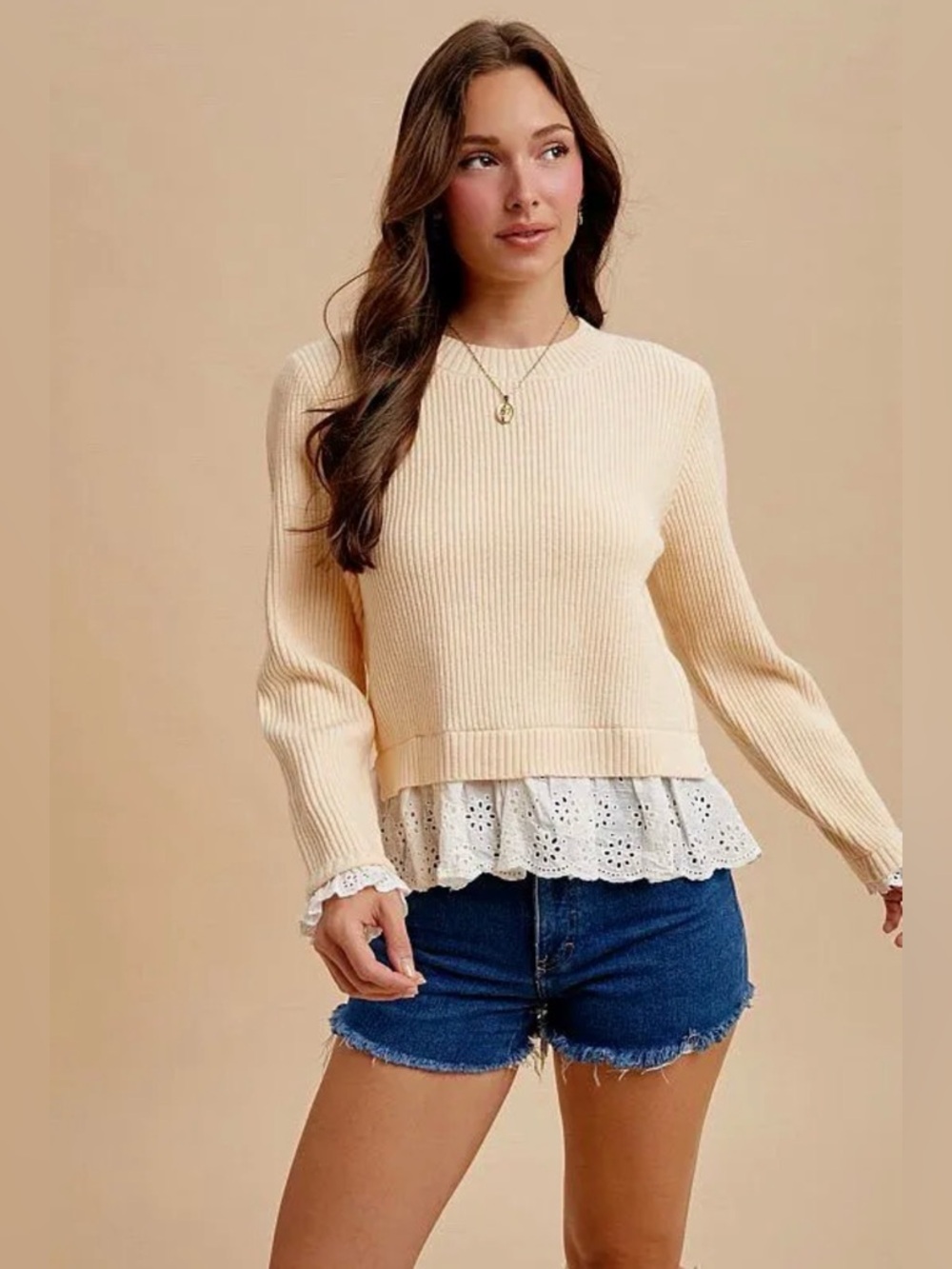 Lace Trim Rib Knit Sweater Cream NWT | AnnieWear | S - Picture 2 of 5